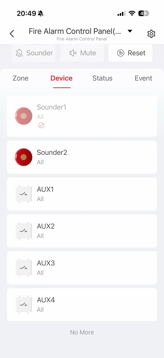 แอป Hik-Protect แท็บ Device แสดง Sounder1 Sounder2 และ AUX1 ถึง AUX4