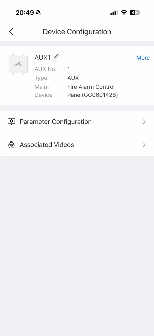 หน้า Parameter Configuration ของ AUX1 ตั้ง Input Type เป็น Fire Alarm