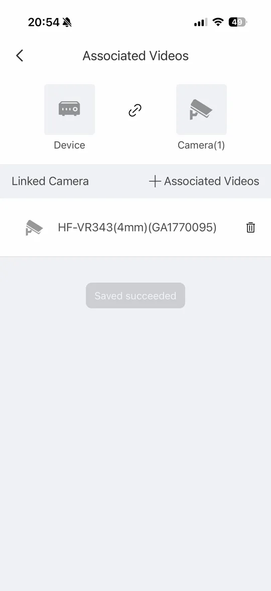 หน้า Associated Videos ในแอป Hik-Protect ผูกกล้อง HF-VR343 กับโซนสำเร็จ
