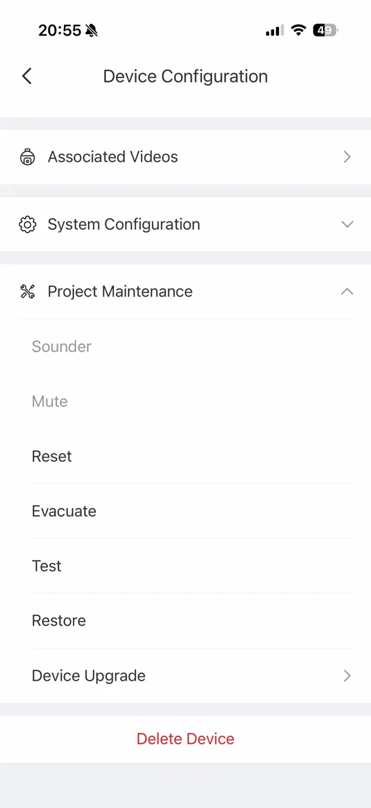 เมนู Project Maintenance ในแอป Hik-Protect มีคำสั่ง Sounder Mute Reset Evacuate Test