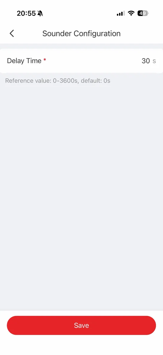 หน้า Sounder Configuration ช่อง Delay Time ในแอป Hik-Protect