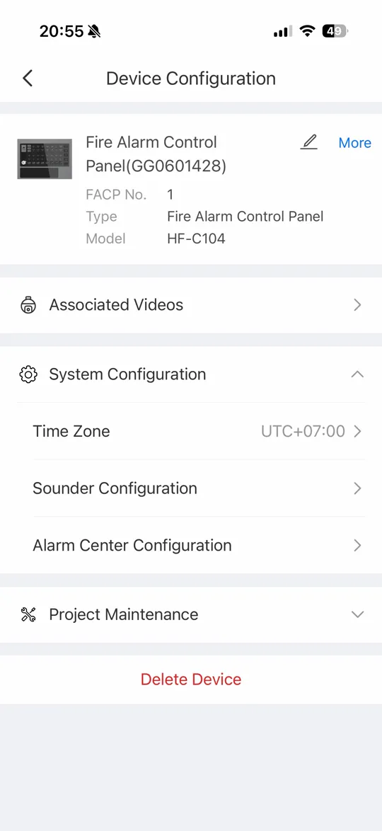 หน้า Device Configuration ของตู้ HF-C104 เมนู System Configuration มี Time Zone, Sounder Configuration และ Alarm Center Configuration