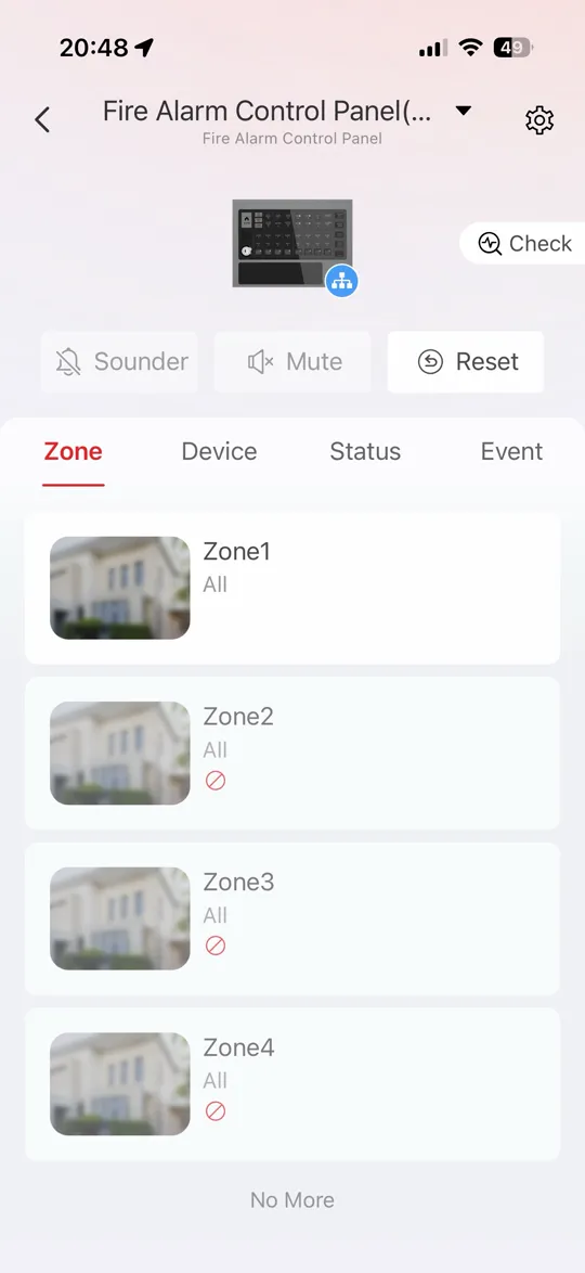 แอป Hik-Protect หน้าแท็บ Zone แสดงโซน 1 ถึง 4 ของตู้ HF-C104