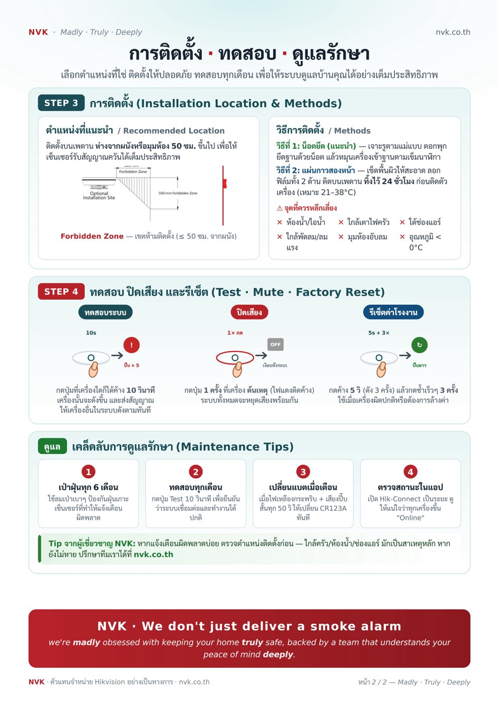 ตัวอย่างคู่มือหน้า 2: จับคู่ตัวลูก ติดตั้งบนเพดาน ทดสอบ ปิดเสียง และรีเซ็ต