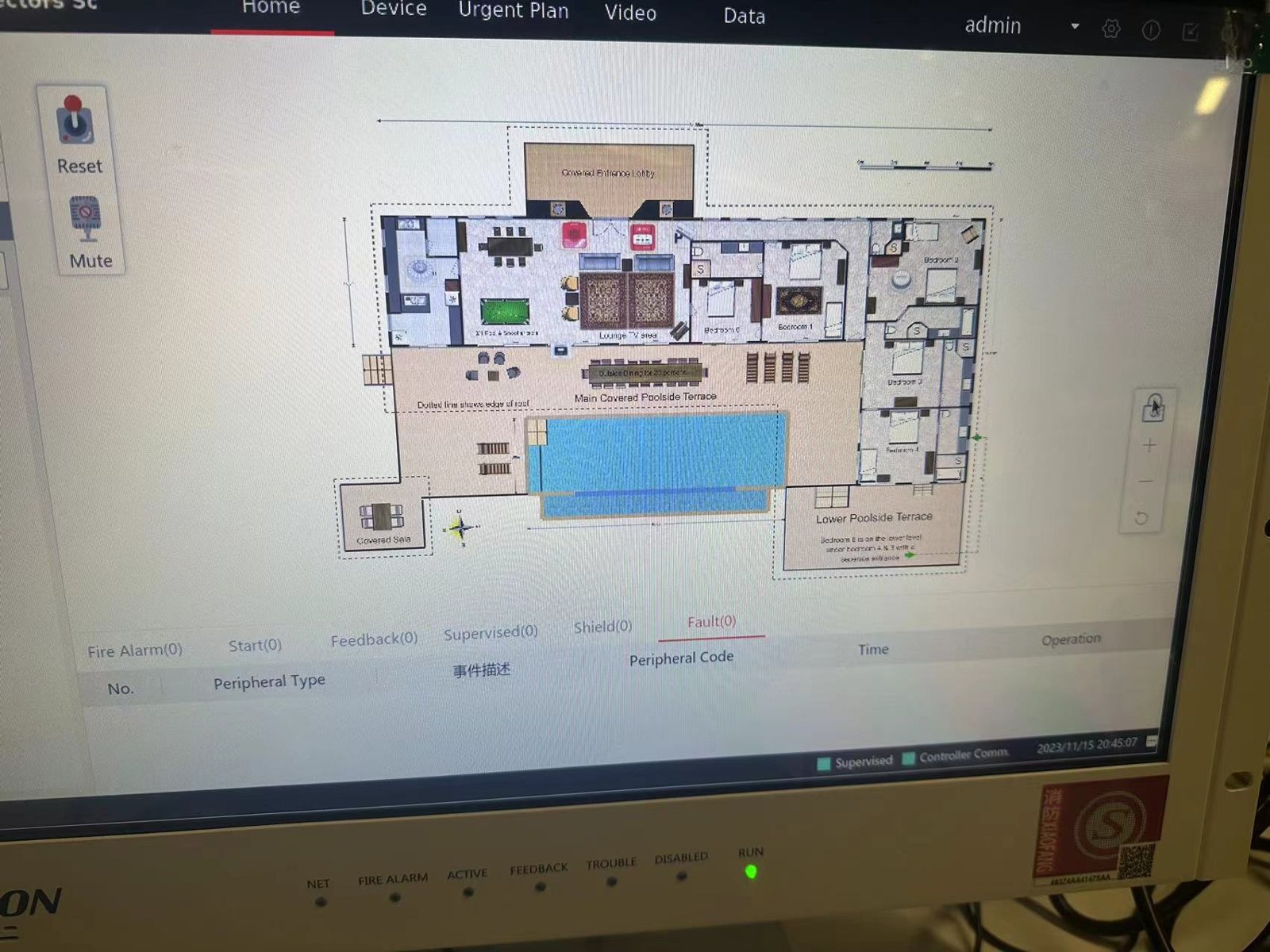 จอ Fire Workstation แสดงผังอาคาร พร้อมปุ่ม Reset / Mute