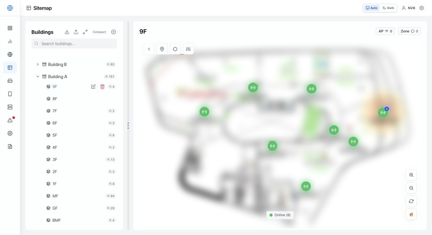 Sitemap: floor plan with access point placement, online status and client heat