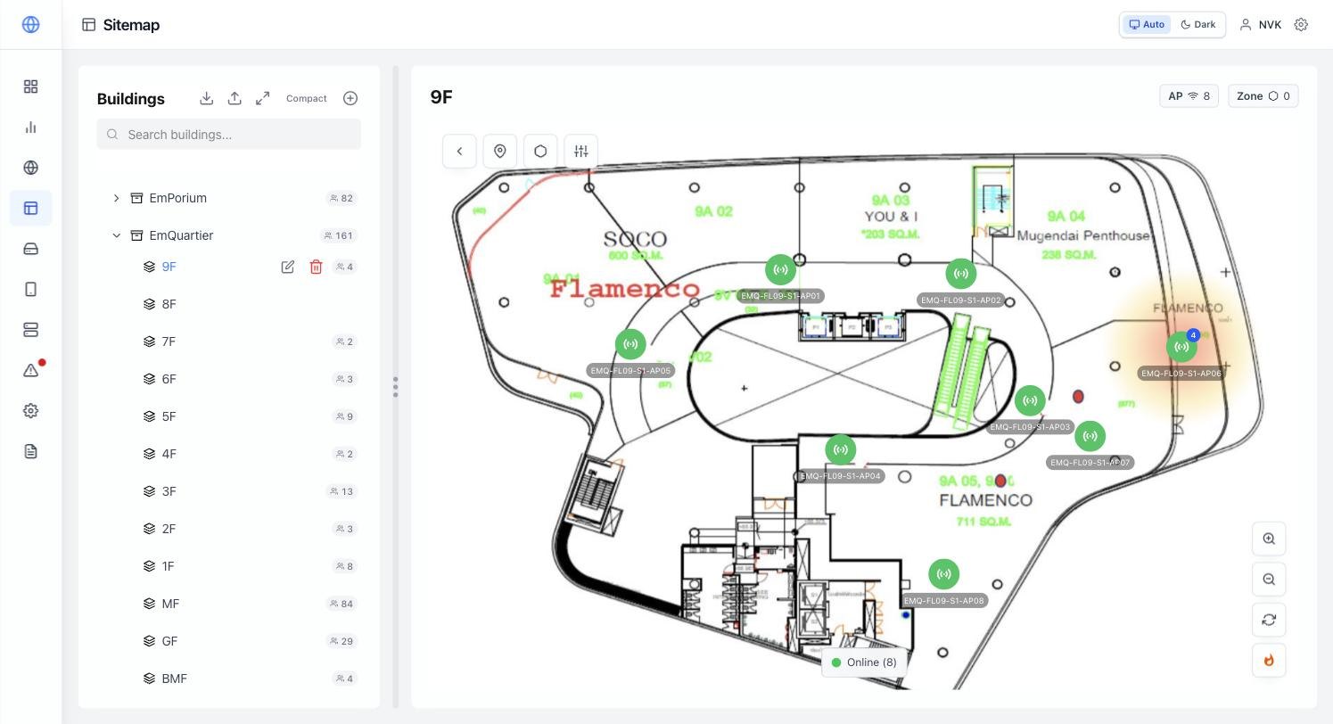 Sitemap: floor plan with access point placement, online status and client heat