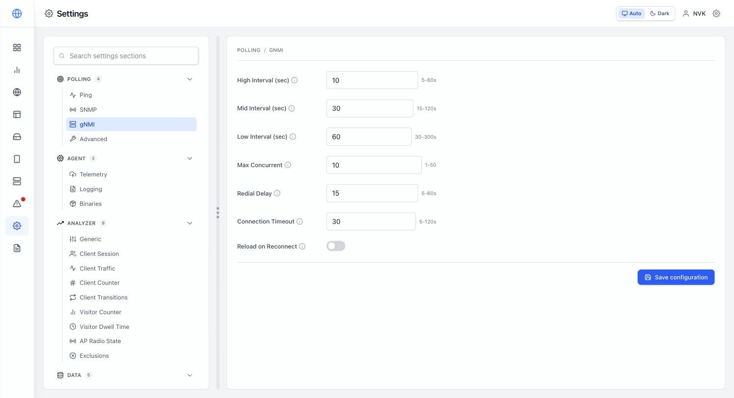 Settings for gNMI telemetry polling: high, mid and low intervals, max concurrent, redial delay and connection timeout